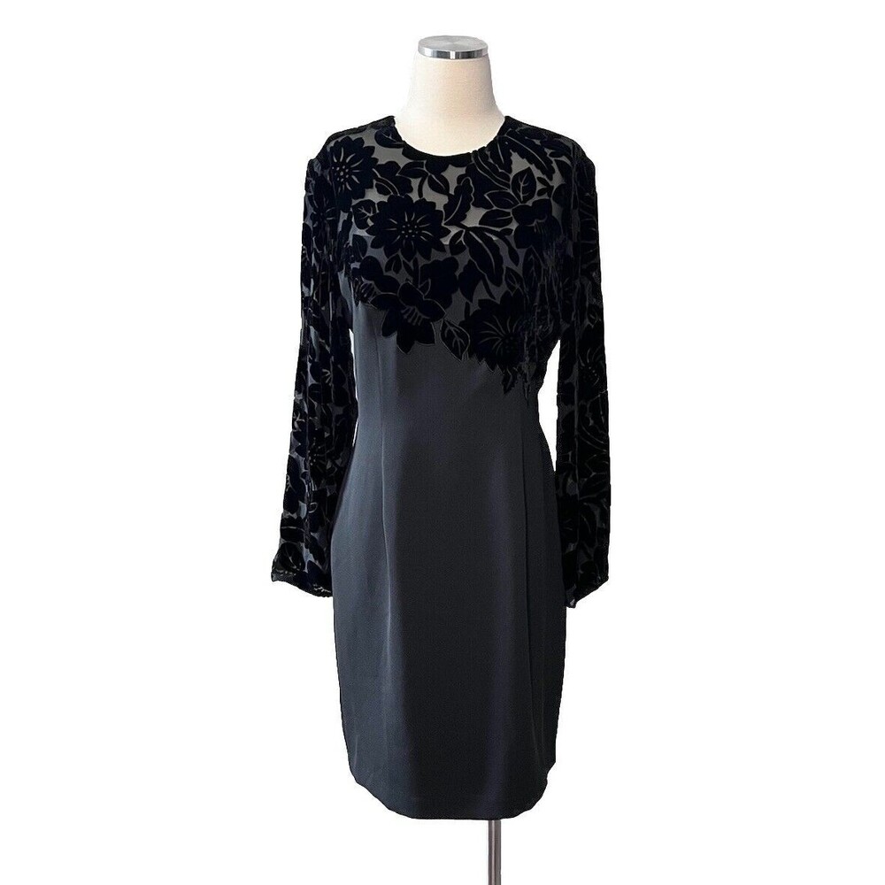 Carmen Marc Valvo Women's Black Velvet Sheer Floral Upper Sheath Size 10 Holiday